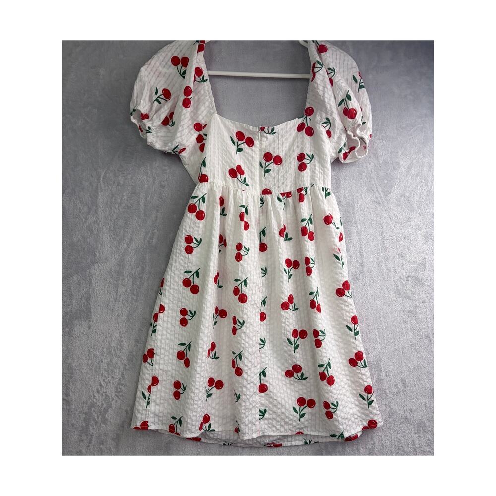 Pink Lily White Cherry Print Puff Sleeve Babydoll Mini Dress - Size XS - Picture 8 of 8
